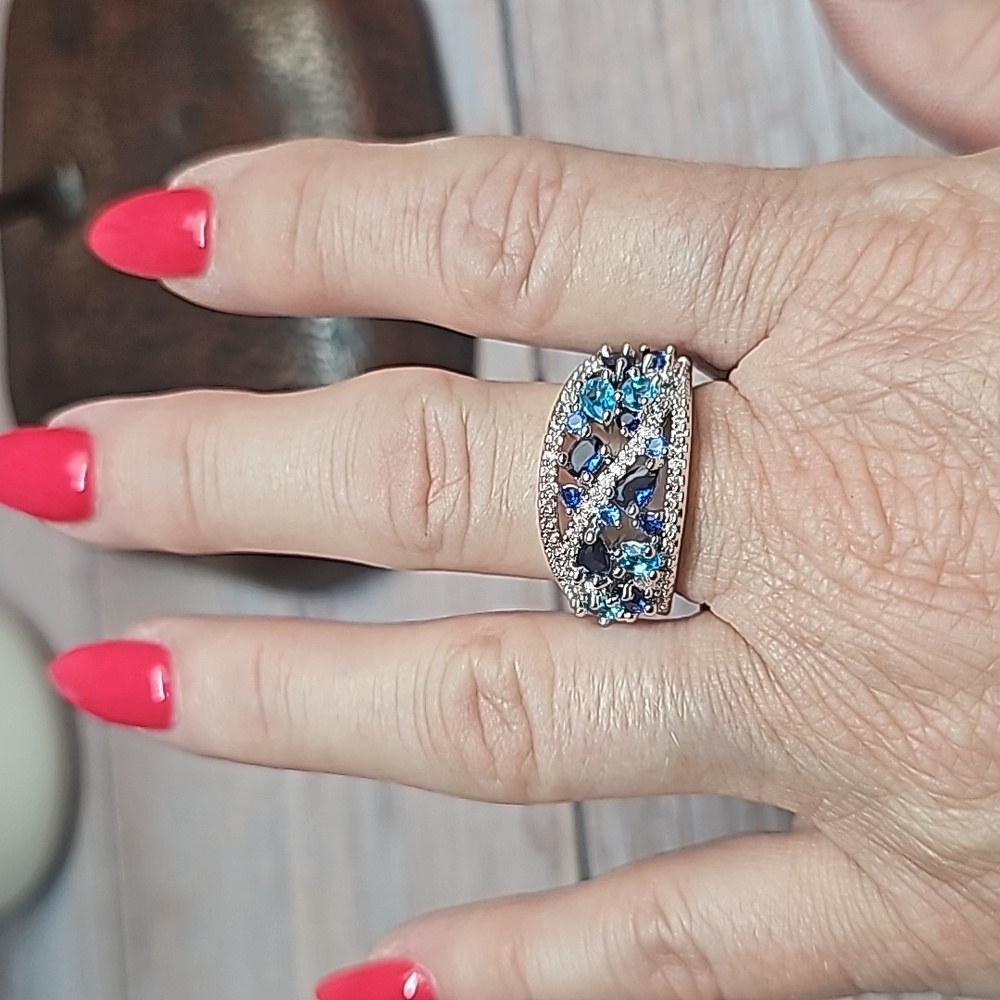 NEW PLATINUM PLATED CREATED SAPPHIRE AQUAMARINE ZIRCON FASHION RING - Picture 9 of 10